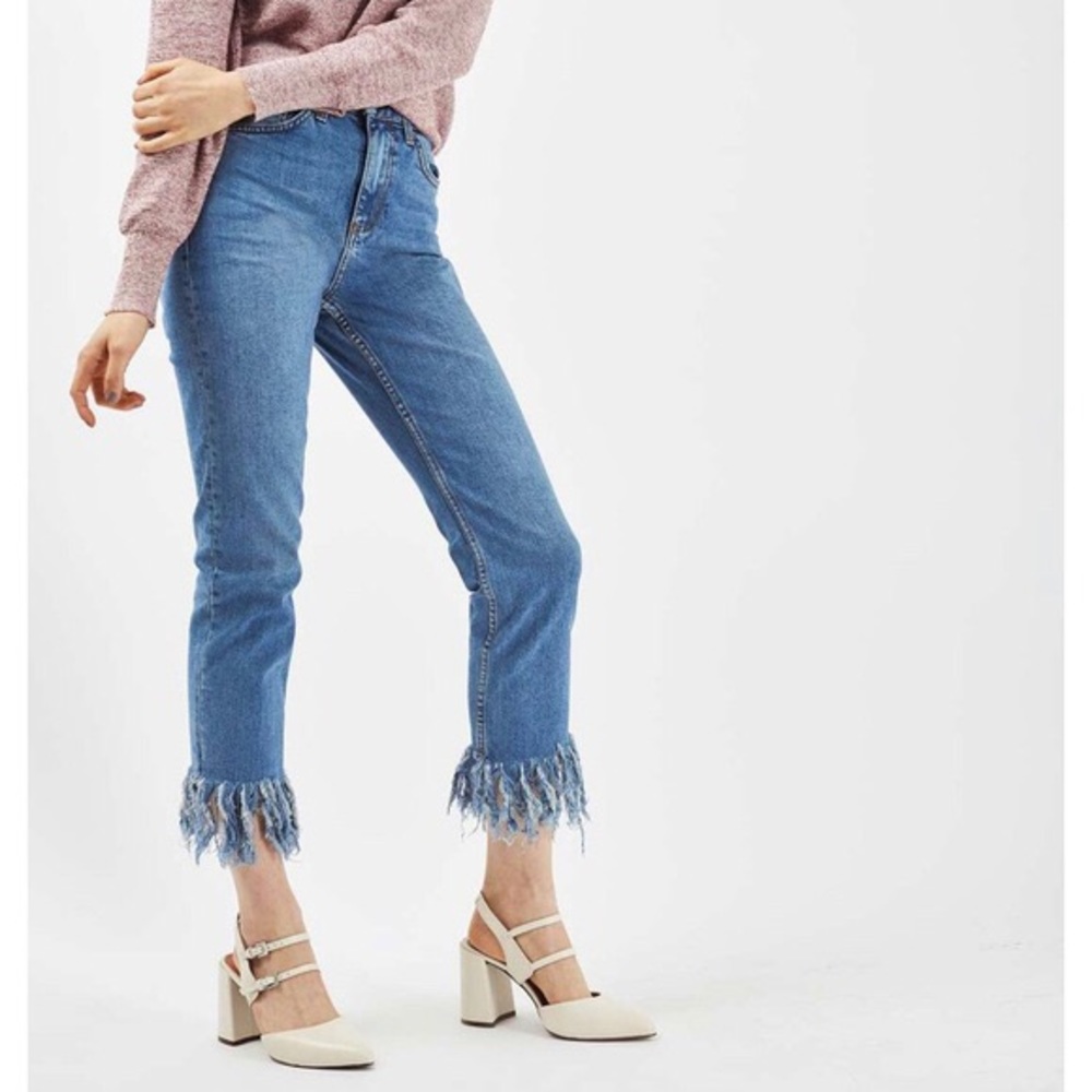 Topshop moto fringe hem flared jean